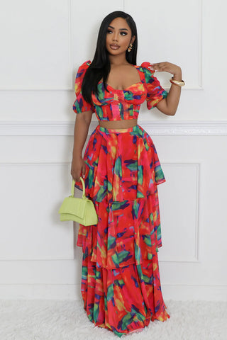 V neck short sleeve button front crop top colorful skirt set