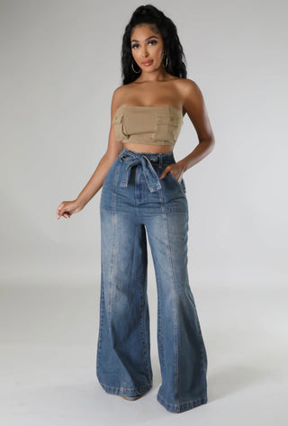 Women’s high-waist wide leg denim pants with self-tie waist strap
