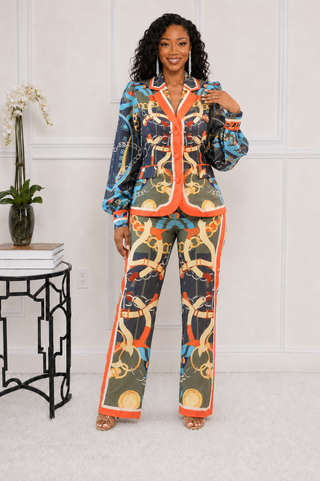  Woman wearing petite printed blazer and wide-leg pants set with padded shoulders