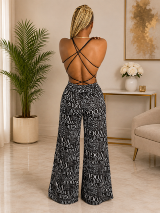     Back view of black and white typography wide-leg palazzo pants