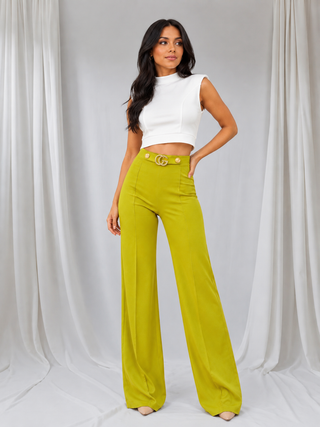  Women’s lime wide-leg pants with high-rise waist and 32-inch inseam