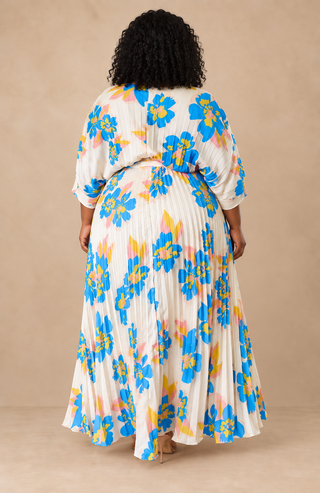 Back view of ivory plus-size floral pleated maxi dress with blue, yellow, and blush print and full pleated skirt