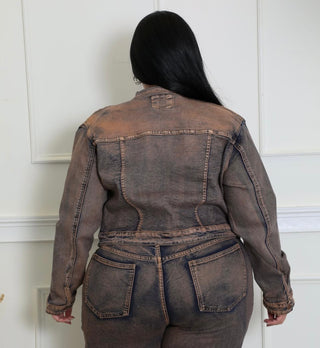 Back view of cropped mocha denim jacket for women