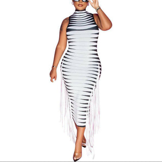 black and white zebra print bodycon midi dress with fringe
