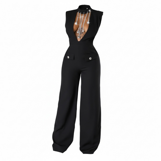 black rhinestone fringe jumpsuit deep v neckline wide leg glam statement outfit women boutique