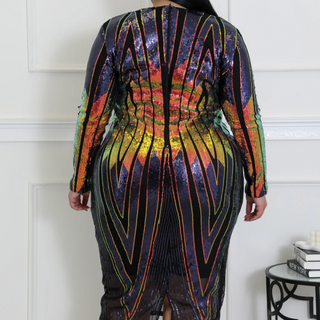 Curvy woman wearing black sequin evening dress