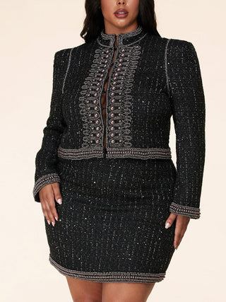 black plus size skirt set with embellished  beaded trim
