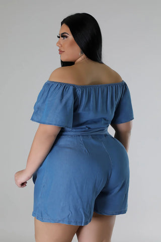blue denim romper plus size off shoulder button front women
