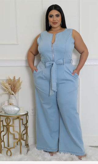 blue denim wide leg jumpsuit plus size sleeveless women fashion

