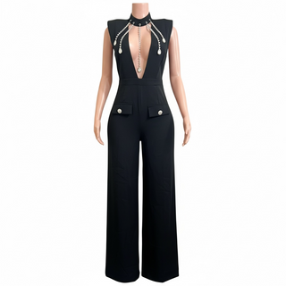 glam black jumpsuit deep v neckline rhinestone detail luxury party outfit