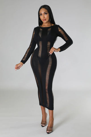 black crochet tropical cover up dress with open back and long sleeves
