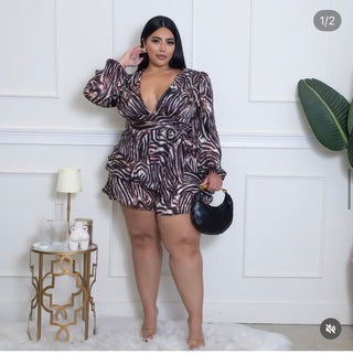 plus size animal print romper with ruffle shorts and long sleeves
