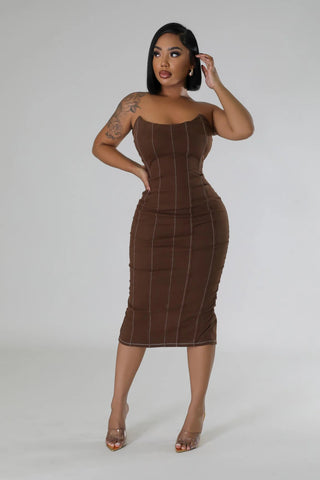brown strapless midi dress with slit bodycon cotton dress