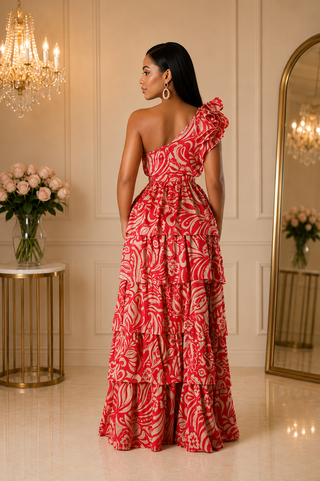 Royal Ember One-Shoulder Ruffle Maxi Dress