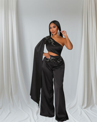 close up of stretch fabric wide leg jumpsuit