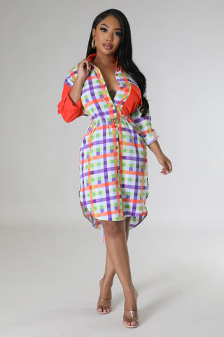 Model wearing the Multicolor Plaid Color Block Oversized Shirt Dress