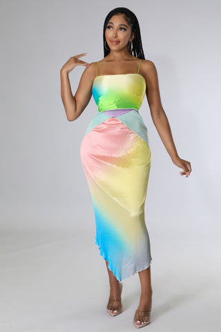 multicolor pleated midi dress with square neckline and gradient colors