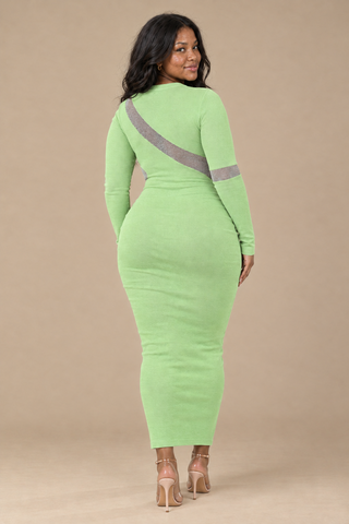 Back view of the lime green contour mesh maxi dress showing the diagonal sheer mesh band across the back and fitted ankle-length hem