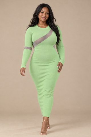 Model walking in the lime green contour mesh rib-knit bodycon maxi dress with a sheer diagonal mesh band across the chest and long sleeves