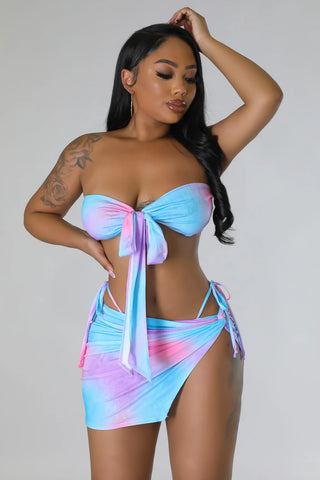 pastel three piece bikini set with skirt cover up and tube top
