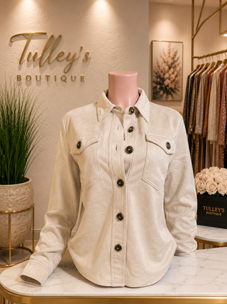Front view of cream button\-front suede\-feel shirt