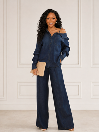 Dark wash off\-shoulder denim shirt and flare pants set with spaghetti straps