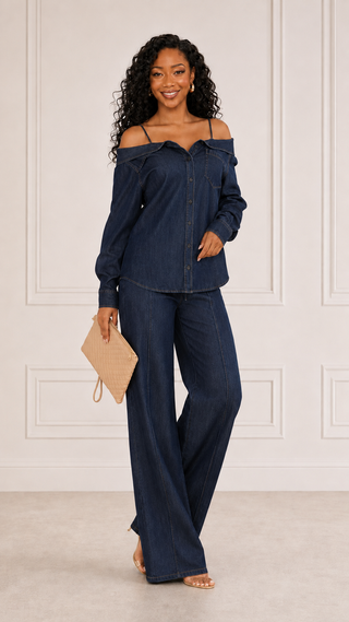 Dark wash off\-shoulder denim shirt and flare pants set with spaghetti straps