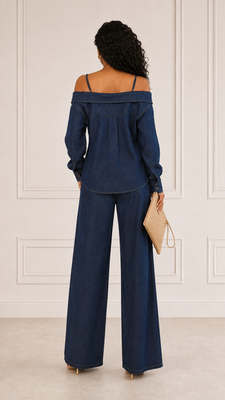 Dark wash off\-shoulder denim shirt and flare pants set with spaghetti straps- back view