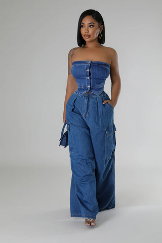 High waisted women’s denim cargo pants back view