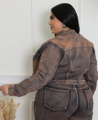 Back view of cropped mocha denim jacket for women