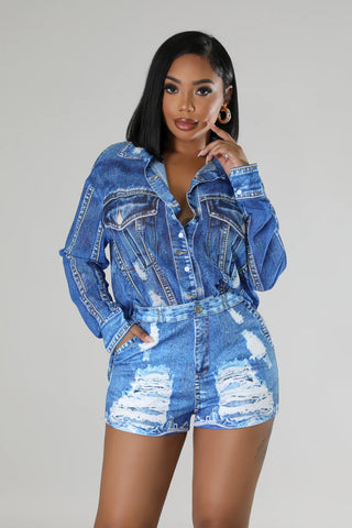 Stretch denim illusion shorts set for women summer fashion