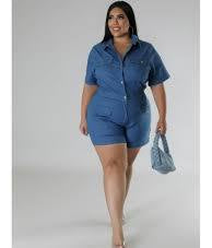denim romper with short sleeves button front utility style pockets 