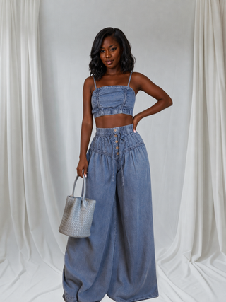 Front view of tall-girl washed denim crop top and extra-baggy wide-leg pants set