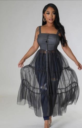  sheer tulle tunic dress with layered overlay
