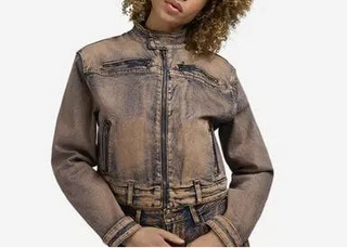 vintage wash denim moto jacket with zipper detail
