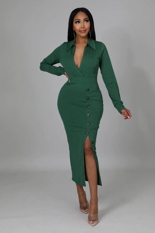 green midi dress with front slit and buttons

