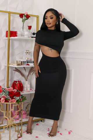 fashion forward black maxi dress with waist cutout detail