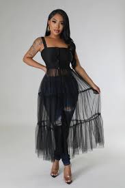 black sheer tulle tunic dress with layered overlay
