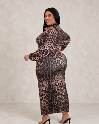 Leopard print maxi dress showing back silhouette and slit on Black plus-size model