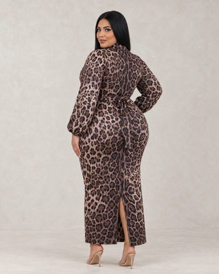 Leopard print maxi dress showing back waist tie and slit on Black plus-size model