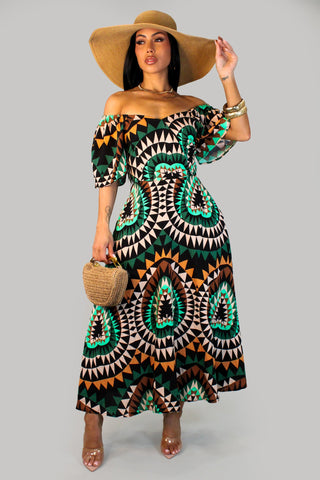off shoulder printed maxi dress with green and orange geometric pattern