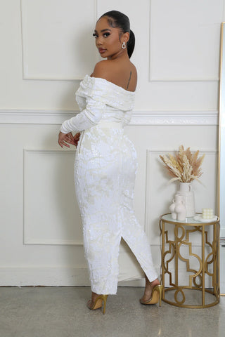 Textured ivory lace fabric on off shoulder fitted bodysuit