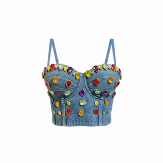 glam denim corset top with multicolor stones and structured fit
