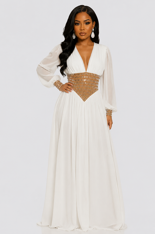 Elegant white maxi dress with bishop sleeves.