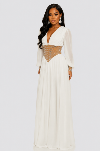Women's white formal maxi dress with deep V-neckline.