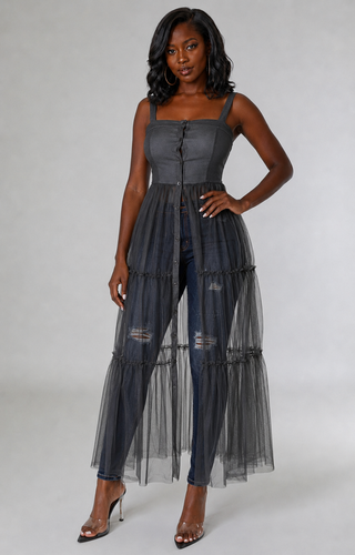Front view of Grand Entrance Sheer Tiered Longline Tunic Top with fitted bodice and flowing sheer panels