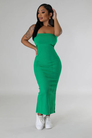women's strapless green sculpting maxi dress with back slit