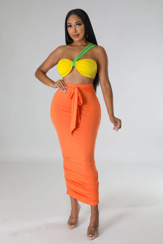 high waisted maxi skirt set one shoulder crop top vacation outfit
