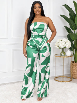 Jade Oasis two-piece set in green and white abstract print – strapless scarf-hem top and wide-leg pants, front view – pull-on, no zipper, elastic back top and elastic back waistband