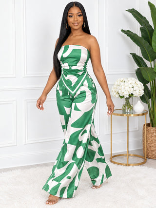 Jade Oasis green and white wide-leg pants set, side walking view – pull-on, no zipper, elastic back top and elastic back waistband